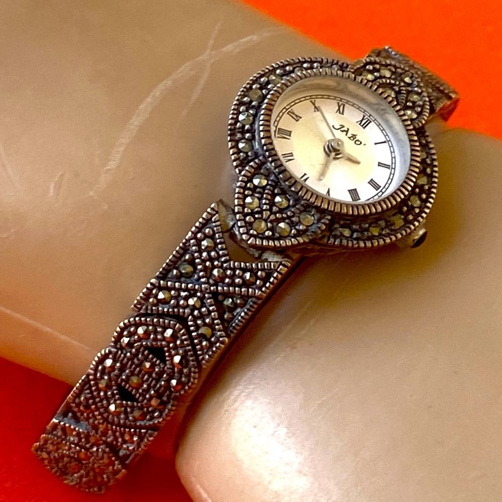 Solid Sterling Silver Marcasite Bracelet Jabo Wat… - image 1